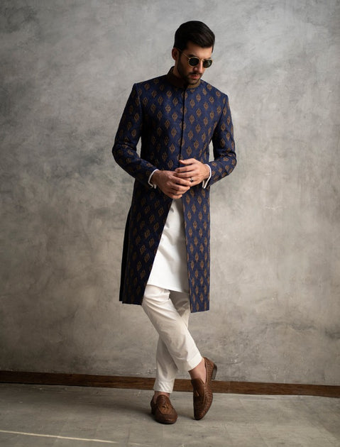 Heavily Embroidered Jamawar Blue Sherwani for Wedding Wear – Nameera by ...