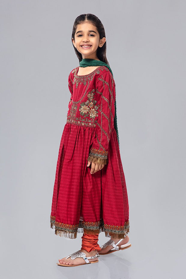 Embroidered Kids Frock for EId in Red Color Side Pose