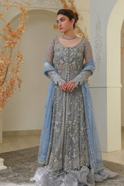 Embroidered Pakistani Blue Pishwas In Lehenga Style Wedding Dress