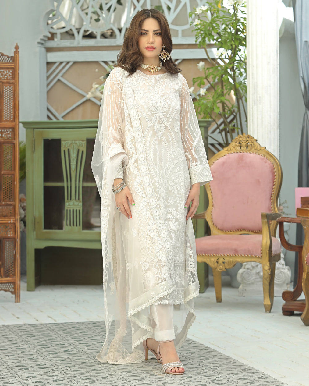 Embroidered White Long Salwar Kameez Pakistani Dresses – Nameera By Farooq