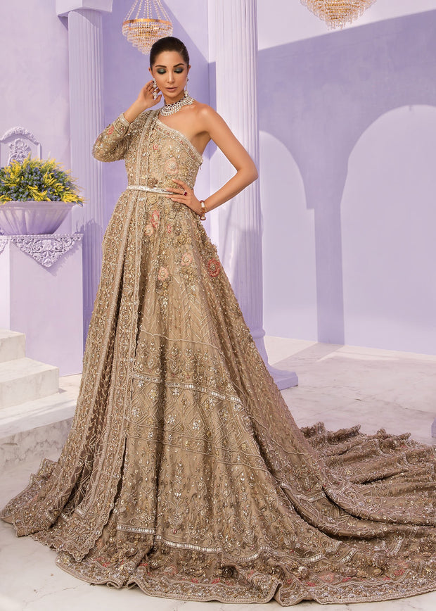 Latest Pakistani ﻿Embroidered bridal maxi 2020 in golden color