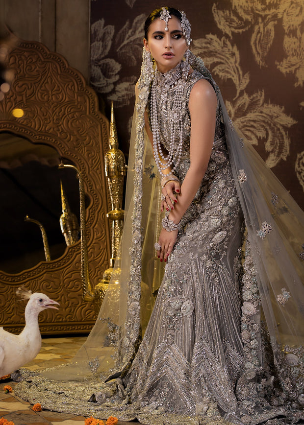 Latest Pakistani Embroidered online bridal Dress in beige grey color # B3471