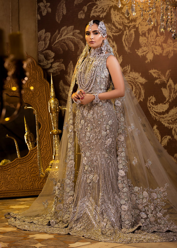 Latest Pakistani Embroidered online bridal Dress in beige grey color # B3471