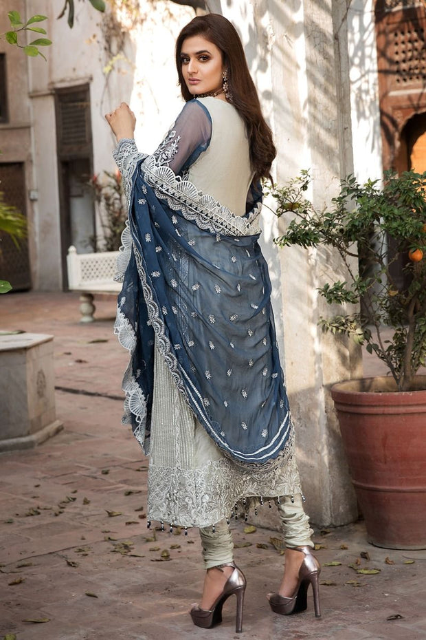 Fancy Eid Frock in Silver and Blue Color Backside View