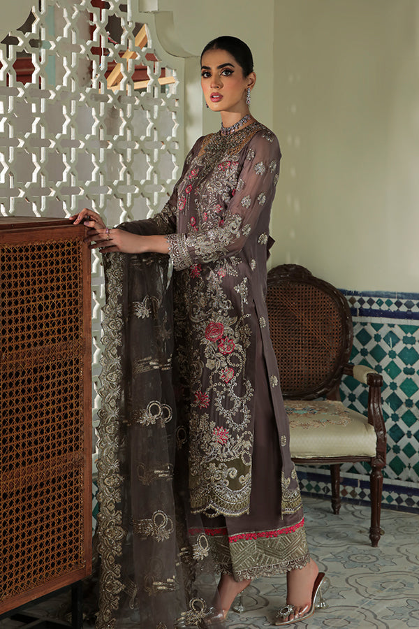 Festive Pakistani Eid Dress in Embroidered Chiffon Kameez Trouser and Dupatta Style