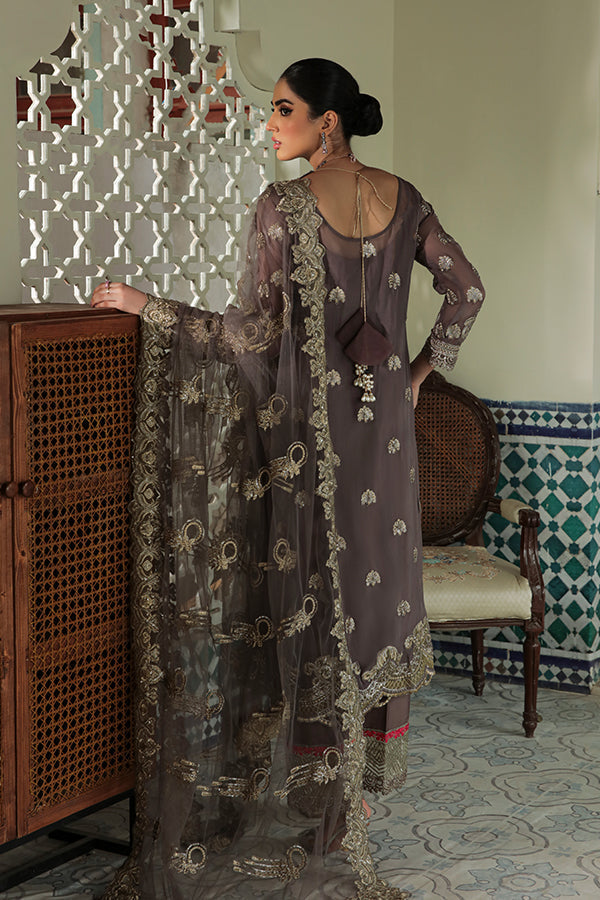 Festive Pakistani Eid Dress in Embroidered Chiffon Kameez Trouser and Net Dupatta Style Online