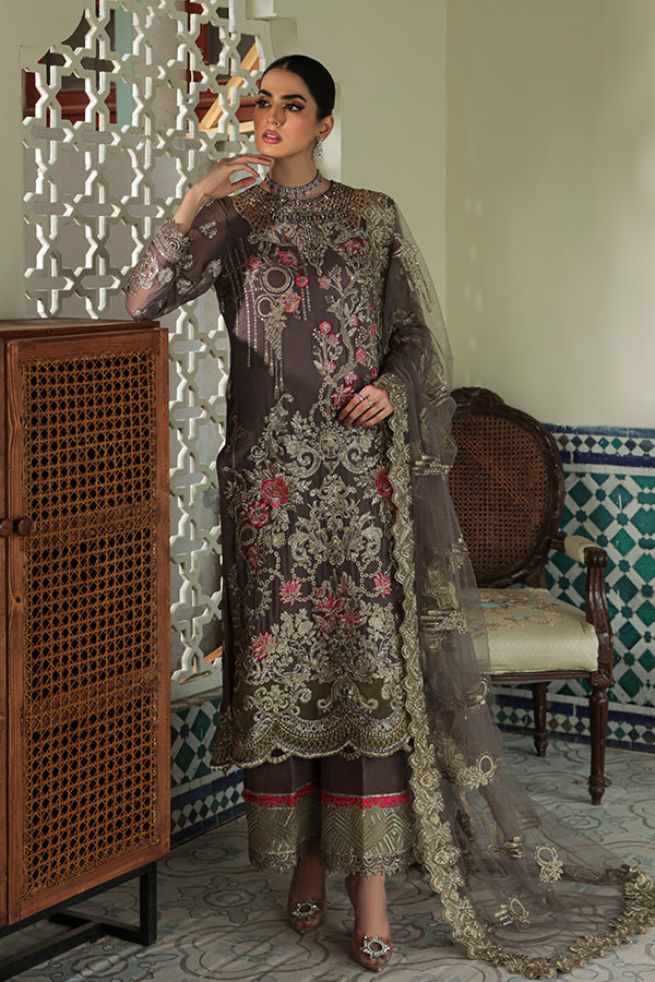 Festive Pakistani Eid Dress in Embroidered Chiffon Kameez Trouser and Net Dupatta Style