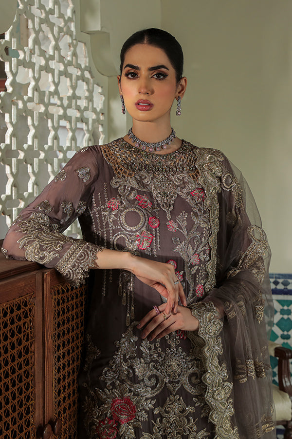 Festive Pakistani Eid Dress in Embroidered Chiffon Kameez Trouser and Net Dupatta Style