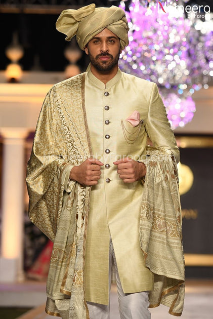 Buy Golden Dulha Sherwani with Raw Silk Shawl Online – Nameera by Farooq