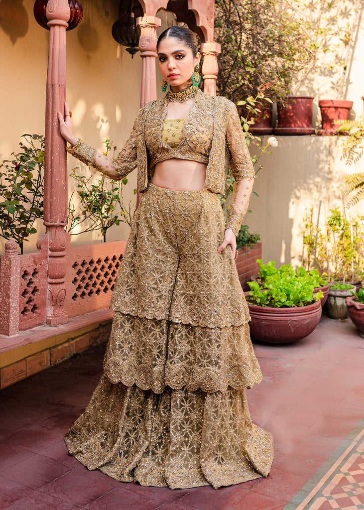 Golden Jacket Lehenga Choli for Indian Bridal Wear Nameera by Farooq