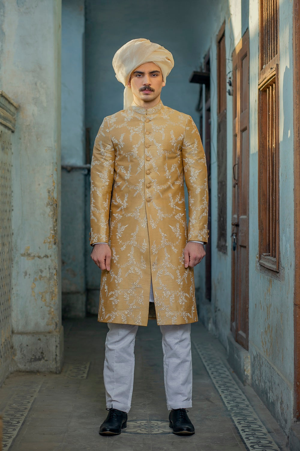 Golden Pakistani Sherwani for Dulha Designer Dress for Wedding Nameera by Farooq