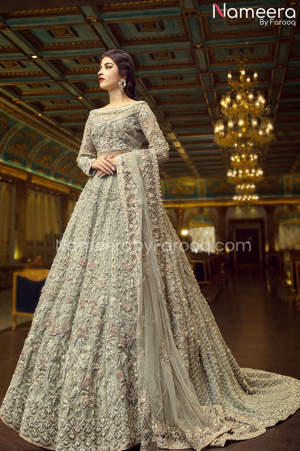 Latest Grey Lehenga Choli Bridal Dress Pakistani Online – Nameera by Farooq