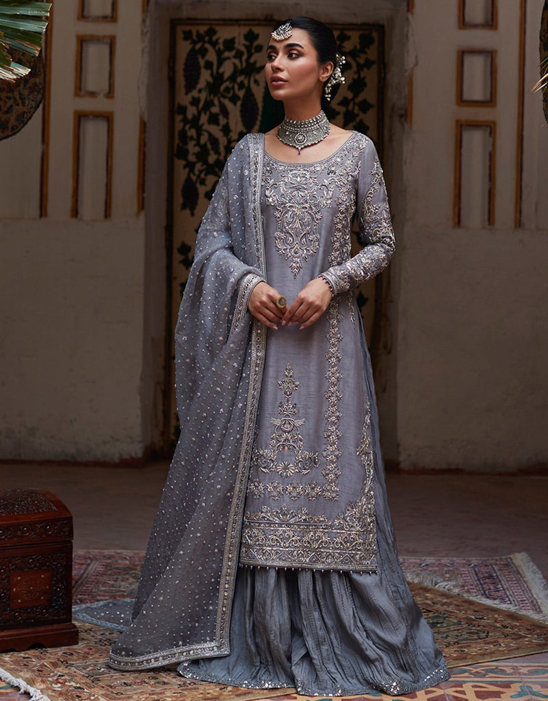 Grey Pakistani Wedding Dress in Kameez Sharara Style Nameera by