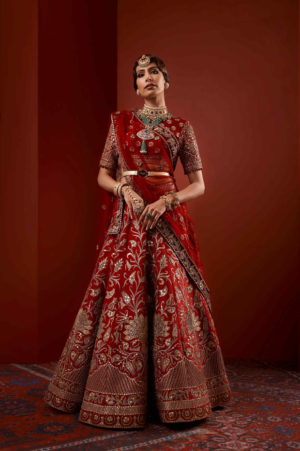 Heavy Bridal Red and Golden Lehenga Choli Dress 