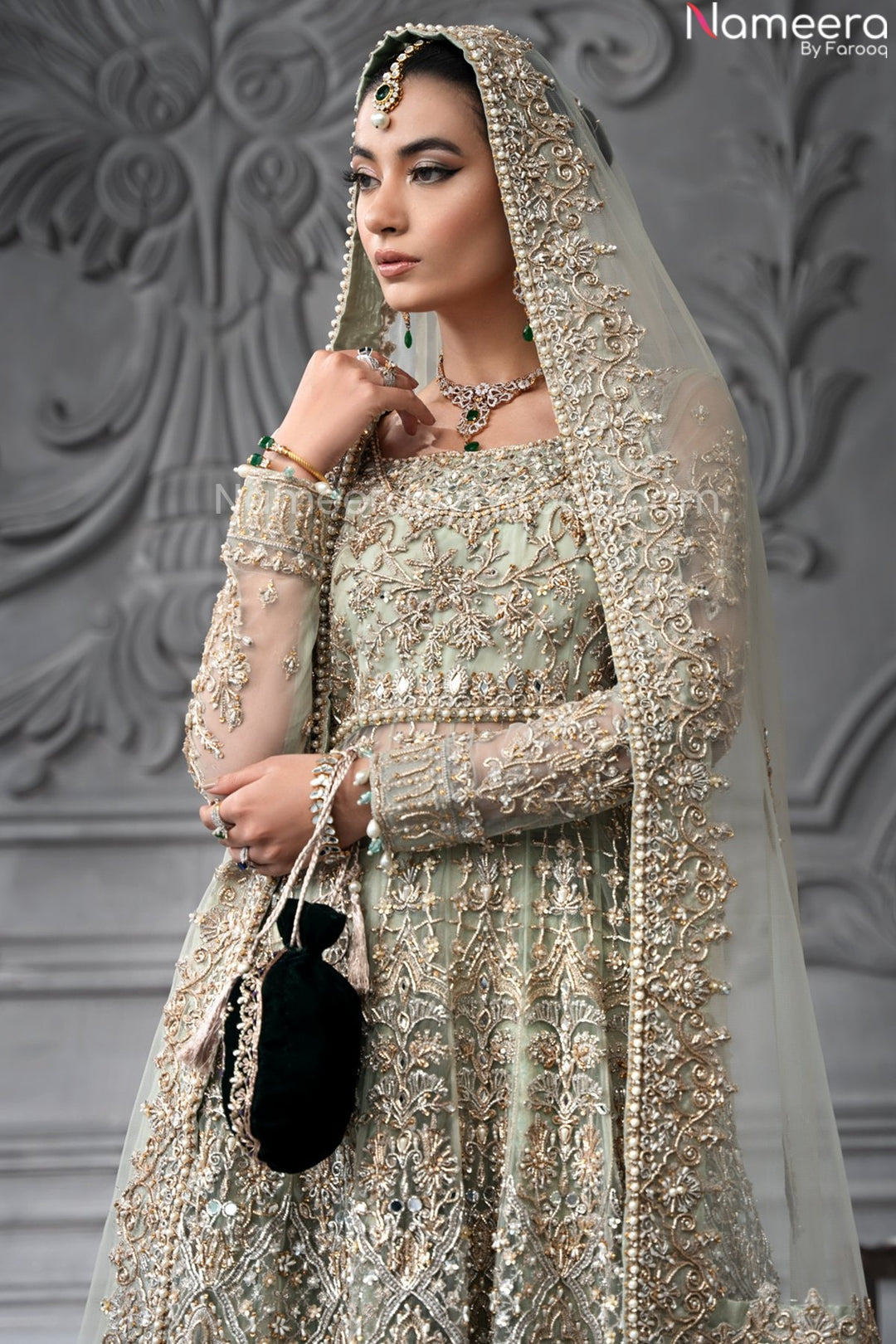 Designer Heavy Sea Green Walima Dress for Bridal Wear in Chiffon Nameera by Farooq