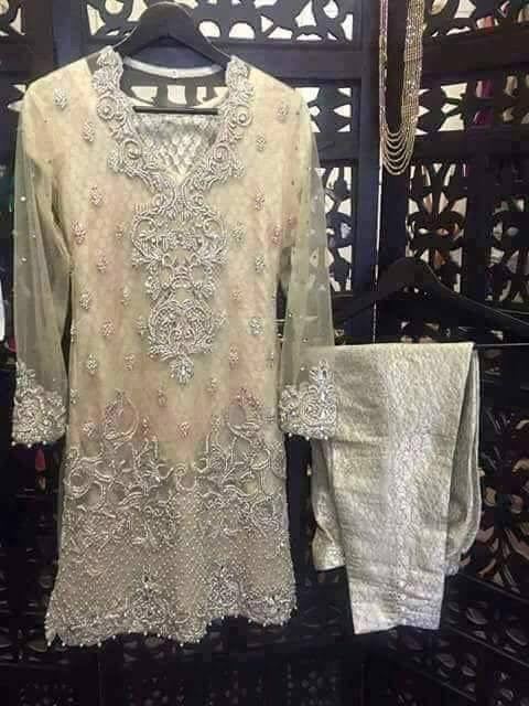 Peach and silver wedding party dress with dabka nagh zari and cut work Model#P 28