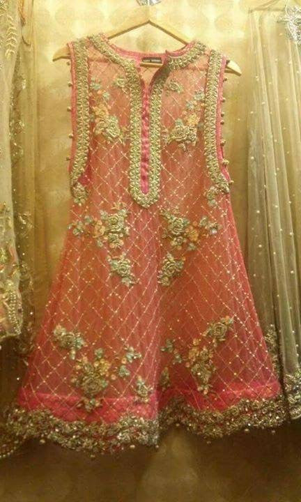 Pink peach wedding party dress with golden silver dabka cutwork and threds workModel# P 38