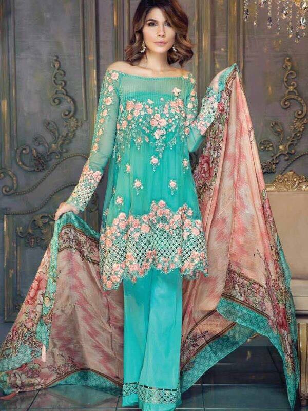 Chiffon dress by ayra from the house of Maria B in aqua green and pink ...