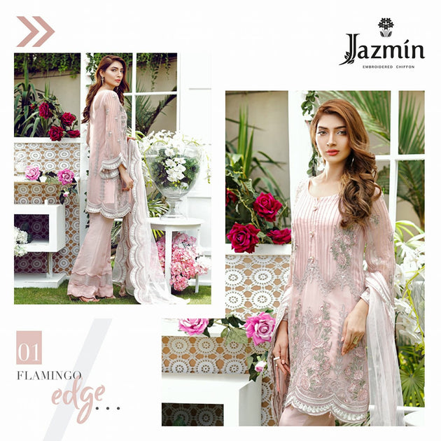 Chiffon dress by jazmin in light pink color with tila and threds embro ...