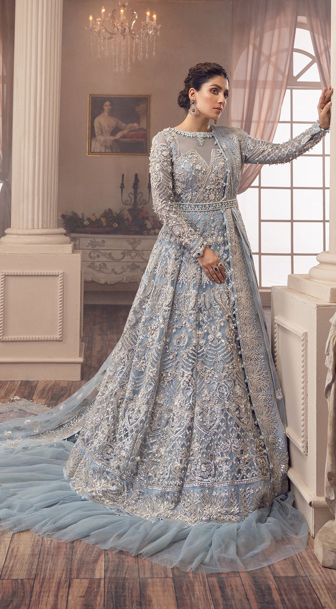 Ice Blue Lehenga Bridal Dress in Gown Style for Walima Wear Nameera by Farooq