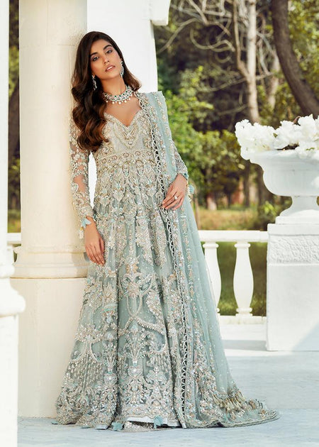 Embellished Gown Style with Heavy Zardozi Work on Ice Blue Lehenga ...