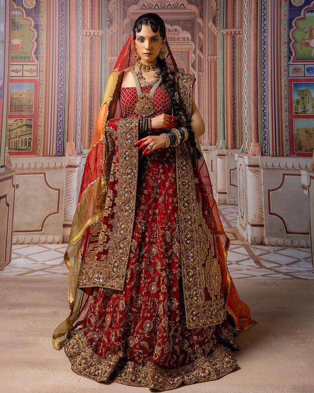Indian Bridal Lehenga Choli and Dupatta Dress in Red – Nameera by Farooq