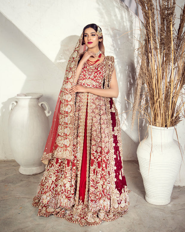 Indian Golden Red Lehenga Frock for Bridal Wear 2022