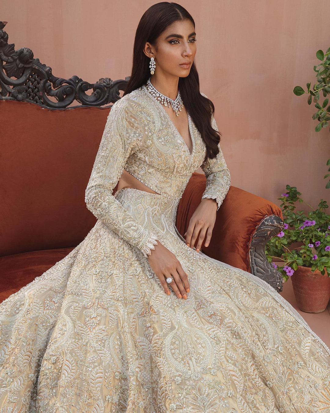 Designer Heavy Indian Ivory Gold Lehenga for Bridal Wear Nameera by Farooq