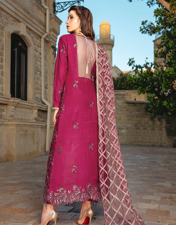 Beautiful embroidered Indian linen dress in pink maroon color # P2408