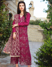 Beautiful embroidered Indian linen dress in pink maroon color