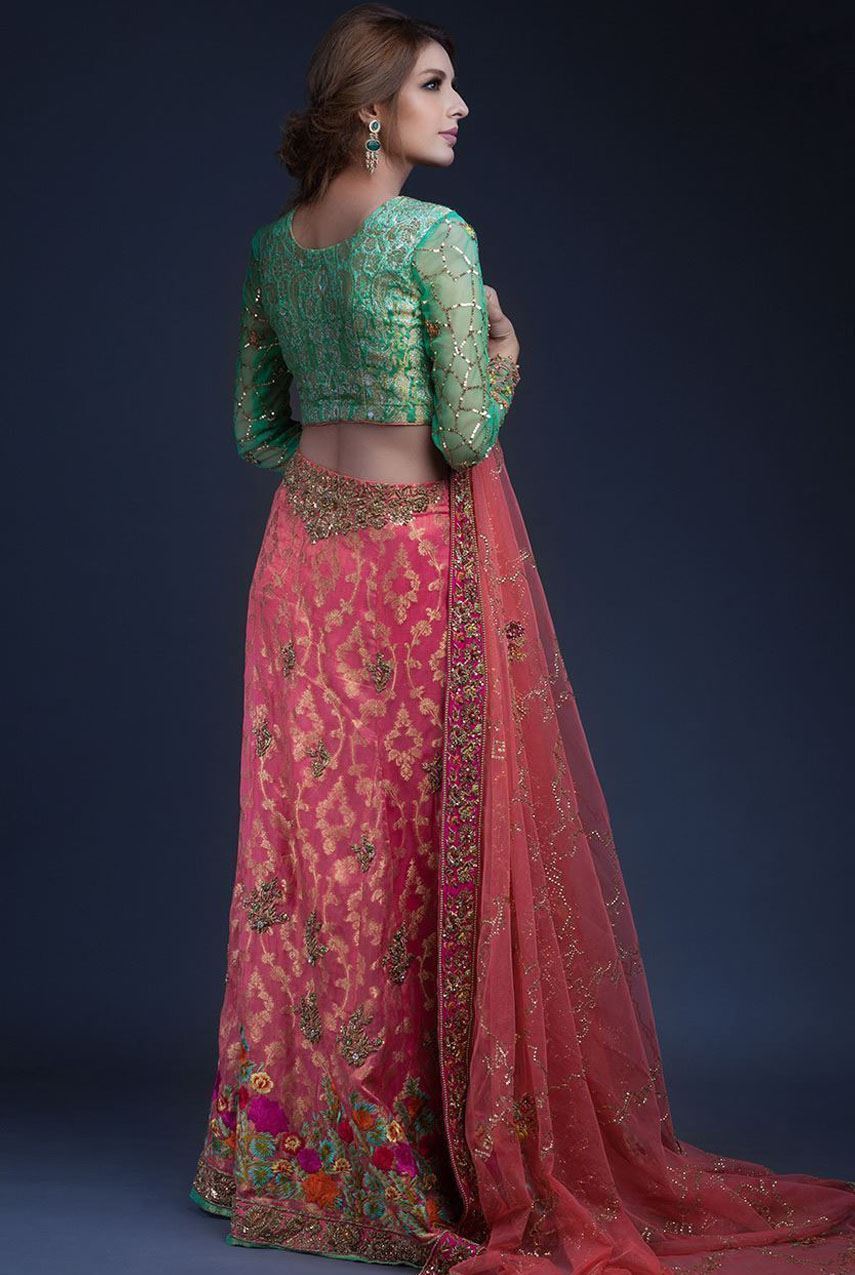 Indian mehndi lehnga designed with resham and motifs – Nameera by Farooq