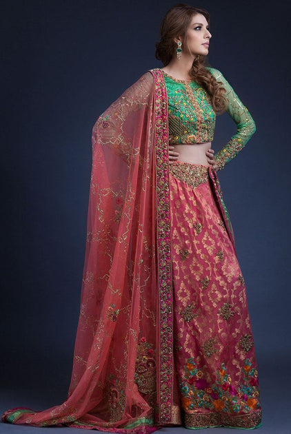 Indian mehndi lehnga designed with resham and motifs – Nameera by Farooq