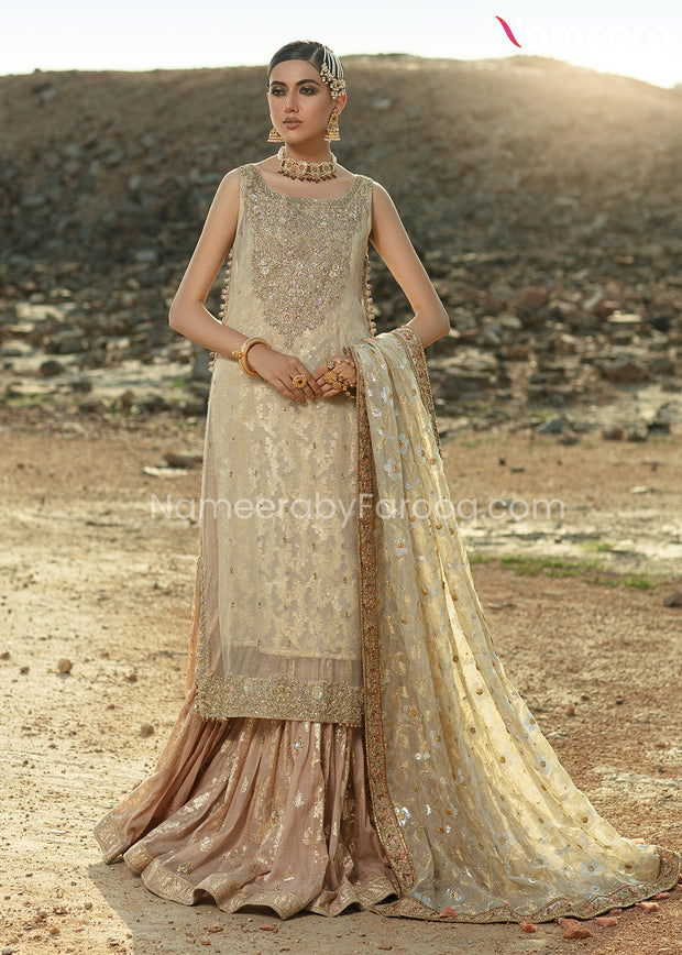 Ivory Gold Bridal Gharara with Kameez Dress Online