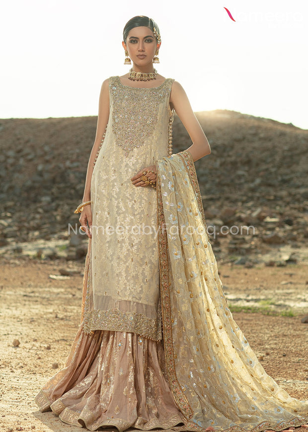 Ivory Gold Bridal Gharara with Kameez Dress