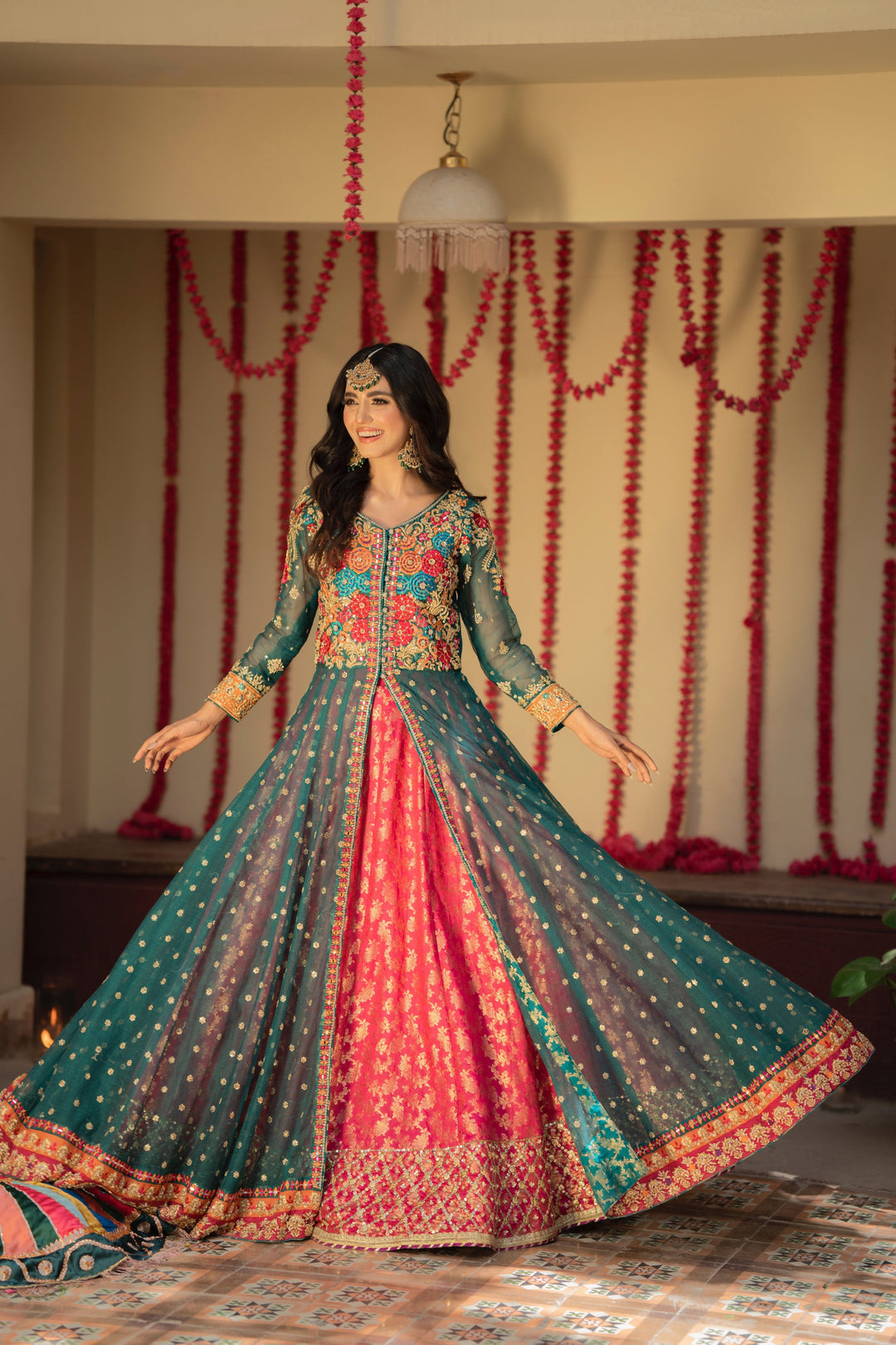 Jamawar Lehenga and Open Pishwas Pakistani Bridal Dress Online Nameera by Farooq