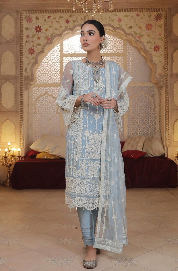 Latest Blue Salwar Kameez in Embroidered Net