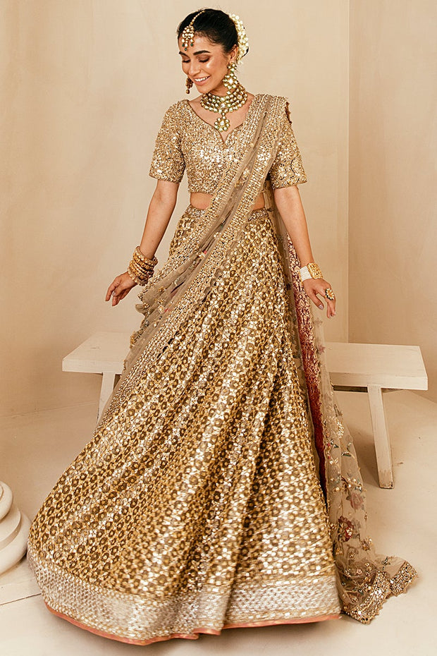 Latest Bridal Golden Lehenga Choli Dress Pakistani