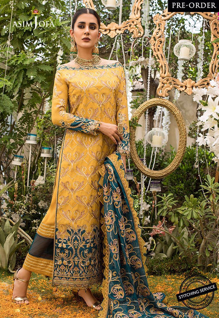 Latest Designer Chiffon Dress in Mustard Color – Nameera by Farooq