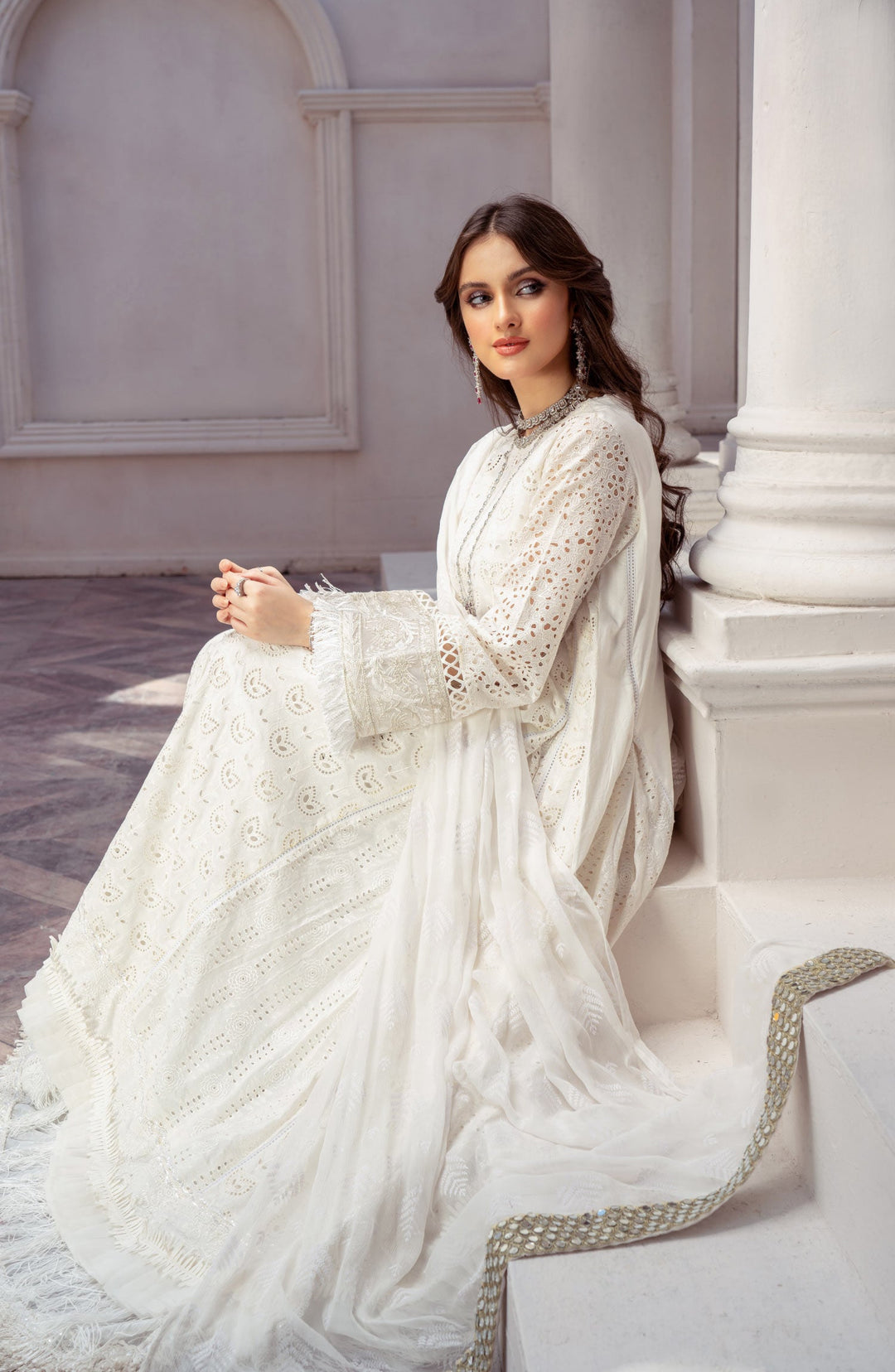 Elegant Kameez Trouser Dupatta White Dress Pakistani Online Nameera by Farooq