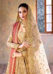 Latest Embellished Gold Pakistani Bridal Dress in Wedding Lehenga Gown and Double Dupattas Style