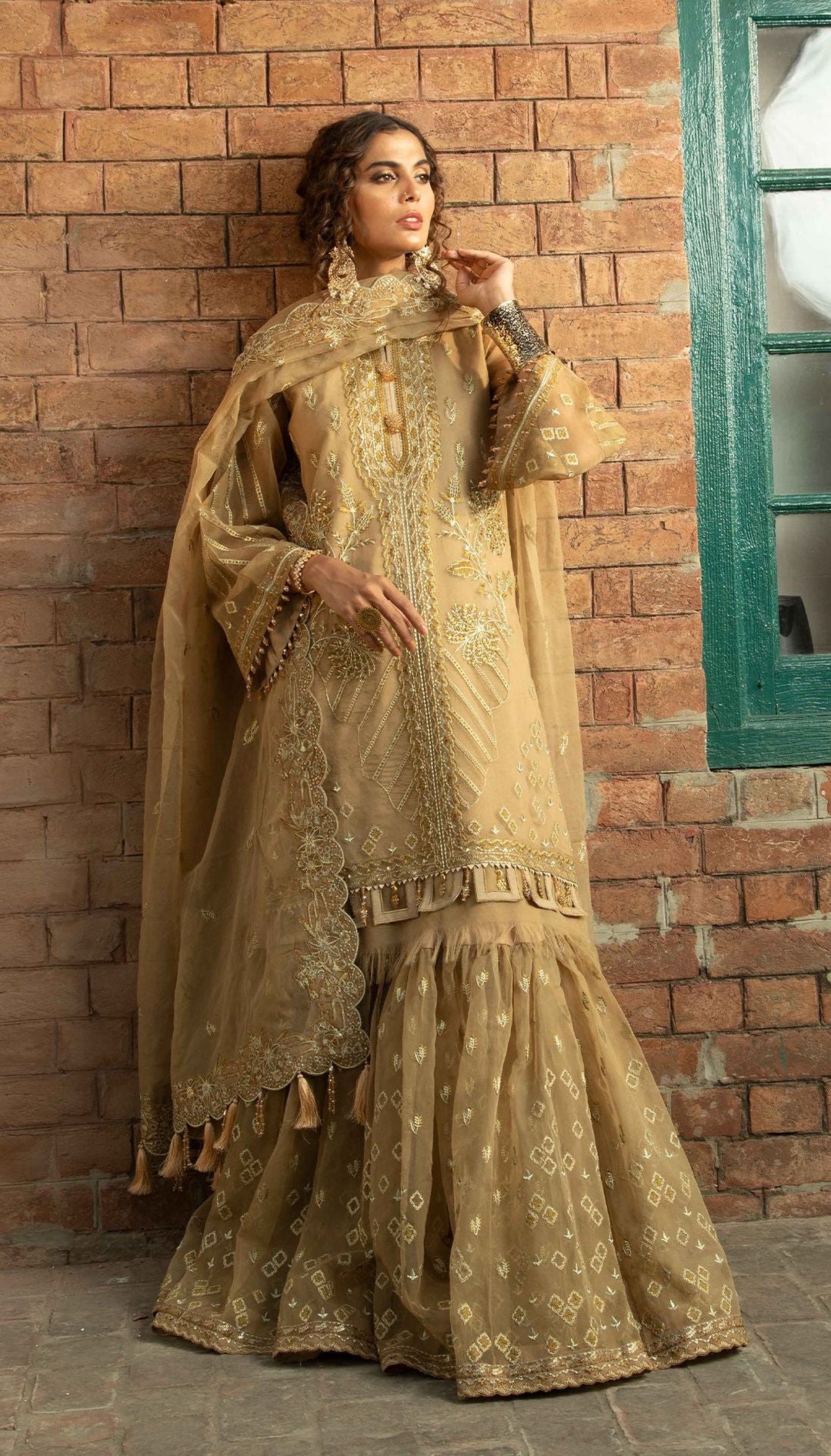 Latest Golden Gharara with Kameez by Designer Online 2022 Nameera by Farooq