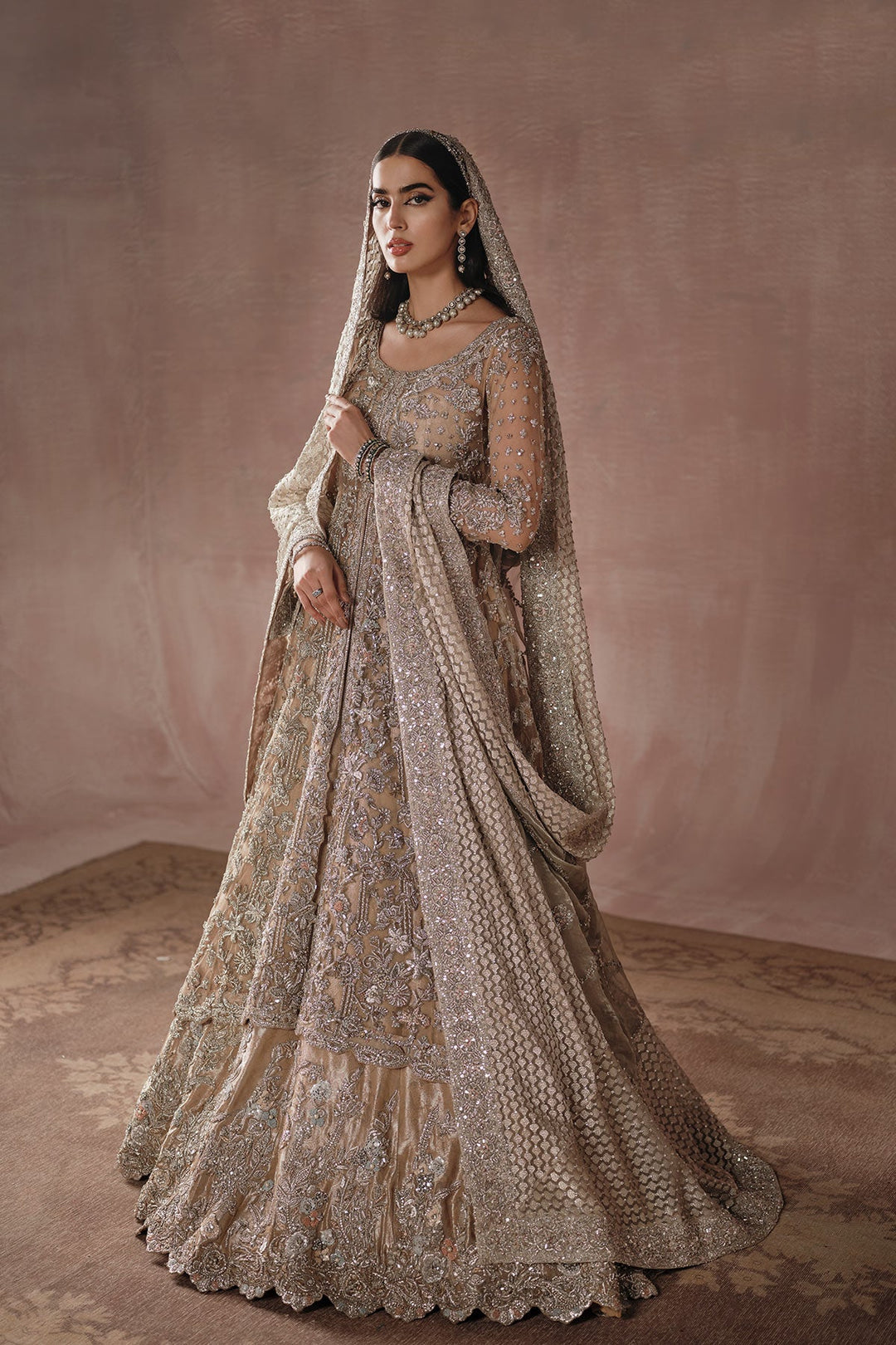 Golden Pakistani Bridal Dress in Lehenga Gown Style