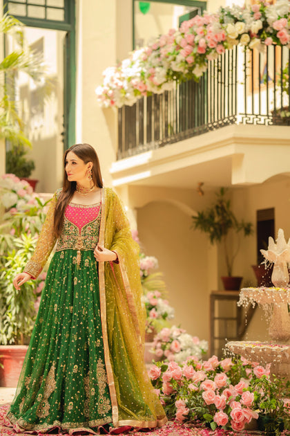 Green Pishwas Frock and Lehenga Pakistani Bridal Dress Online – Nameera ...