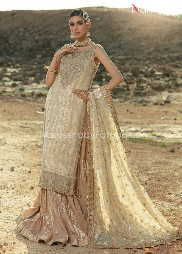 Latest Ivory Gold Bridal Gharara with Kameez Dress