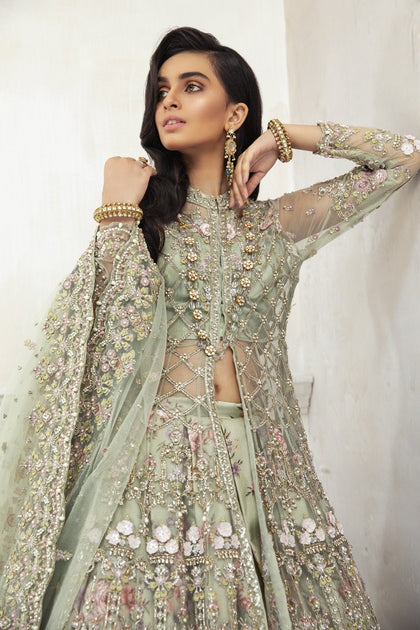 Mint Green Pakistani Dress in Elegant Gown Lehenga Style – Nameera by ...