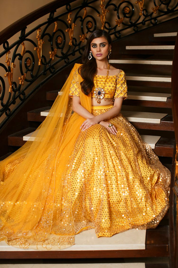 Aadhya - Mustard Yellow Embroidered Lehenga Set – CoutureYard