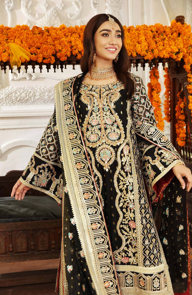 Latest Pakistani Black Dress in Kameez Trouser Dupatta Style