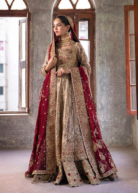 Pakistani Bridal Gown With Golden Lehenga And Dupatta Nameera By Farooq 