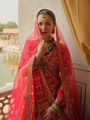 Latest Pakistani Bridal Red Lehenga Choli Dupatta in Raw Silk