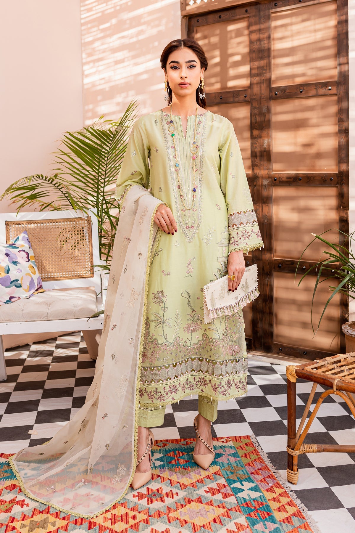 Pakistani Eid Dress in Green Lawn Kameez Trouser Style – Nameera by Farooq